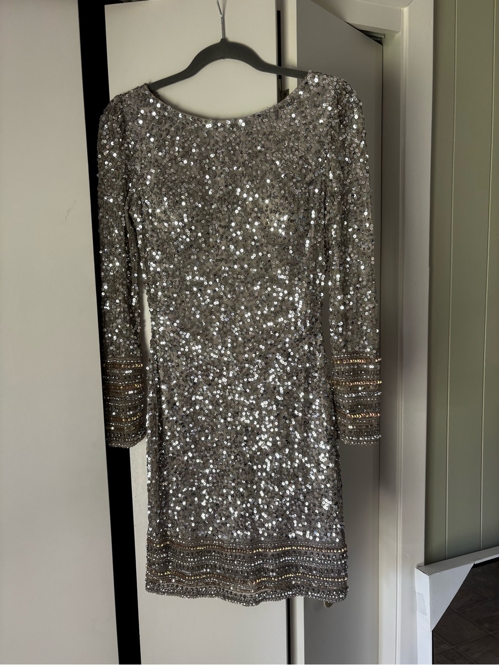 Silver Sequin Long-Sleeve Cocktail Dress